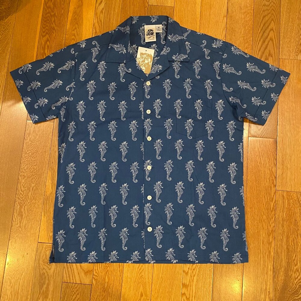 Kennington Ltd Shirt Mens Blue Seahorse Button Down Short Sleeve Camp Cotton NWT